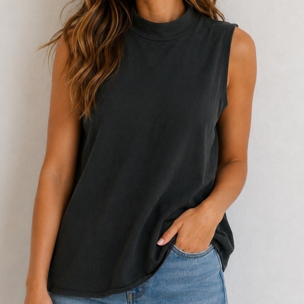 Eileen Fisher Mock Neck Sleeveless Blouse Quiet Luxury Dark Academia Old Money